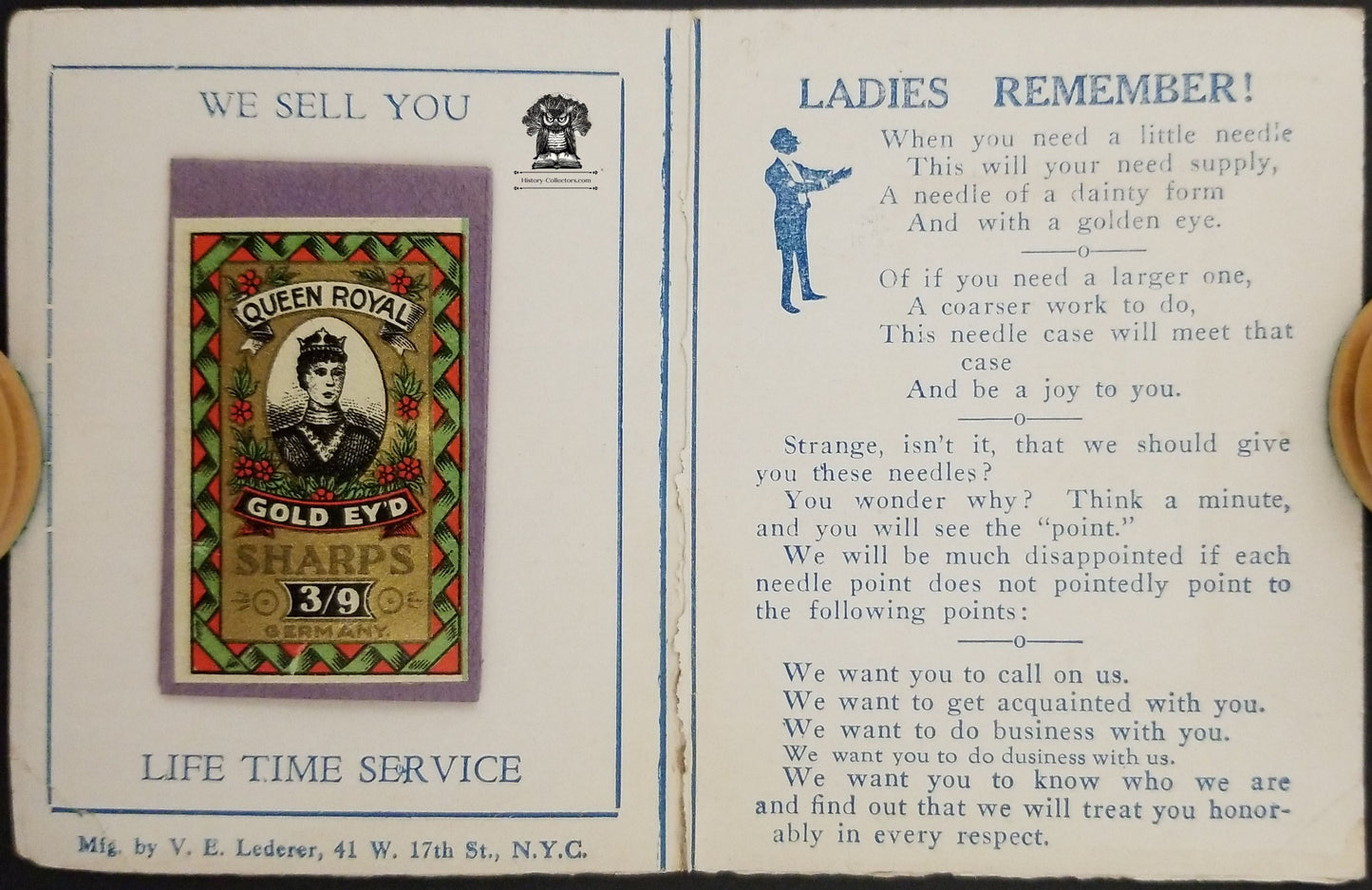 Al. Wiederhold Furniture Co Needle Book Advertising Giveaway - Reading / Kutztown PA