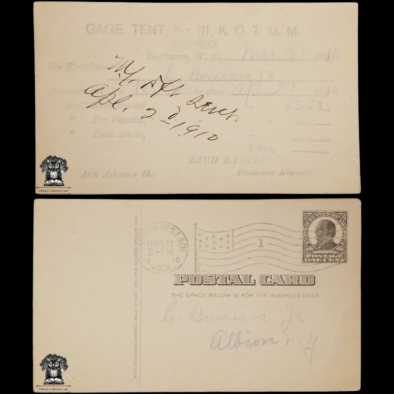 1910 Knights Of The Modern Maccabees Postal Card - Gage Tent No 111 - Saginaw West Side Michigan - One Cent McKinley Square Black Scott UX19 - Albion New York - Duplex Postal American Flag Cancel March 31 - Postcard
