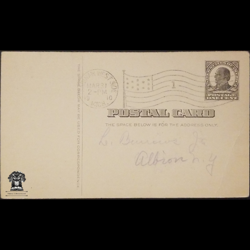 1910 Knights Of The Modern Maccabees Postal Card - Gage Tent No 111 - Saginaw West Side Michigan - One Cent McKinley Square Black Scott UX19 - Albion New York - Duplex Postal American Flag Cancel March 31 - Postcard