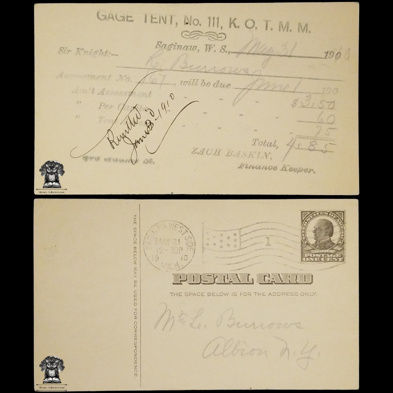 1910 Knights Of The Modern Maccabees Postal Card - Gage Tent No 111 - Saginaw West Side Michigan - One Cent McKinley Square Black Scott UX19 - Albion New York - Duplex Postal American Flag Cancel May 31 - Postcard