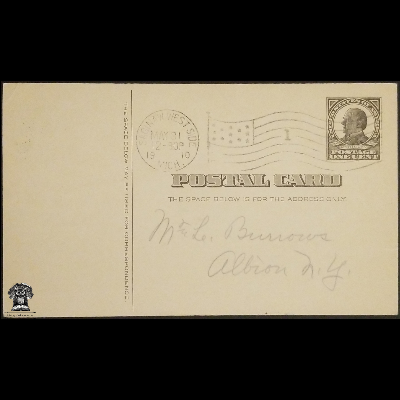 1910 Knights Of The Modern Maccabees Postal Card - Gage Tent No 111 - Saginaw West Side Michigan - One Cent McKinley Square Black Scott UX19 - Albion New York - Duplex Postal American Flag Cancel May 31 - Postcard