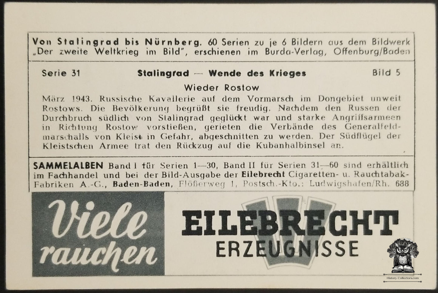 Eilebrecht Cigarettes Advertising Trade Card - WWII Stalingrad Russian Cavalry