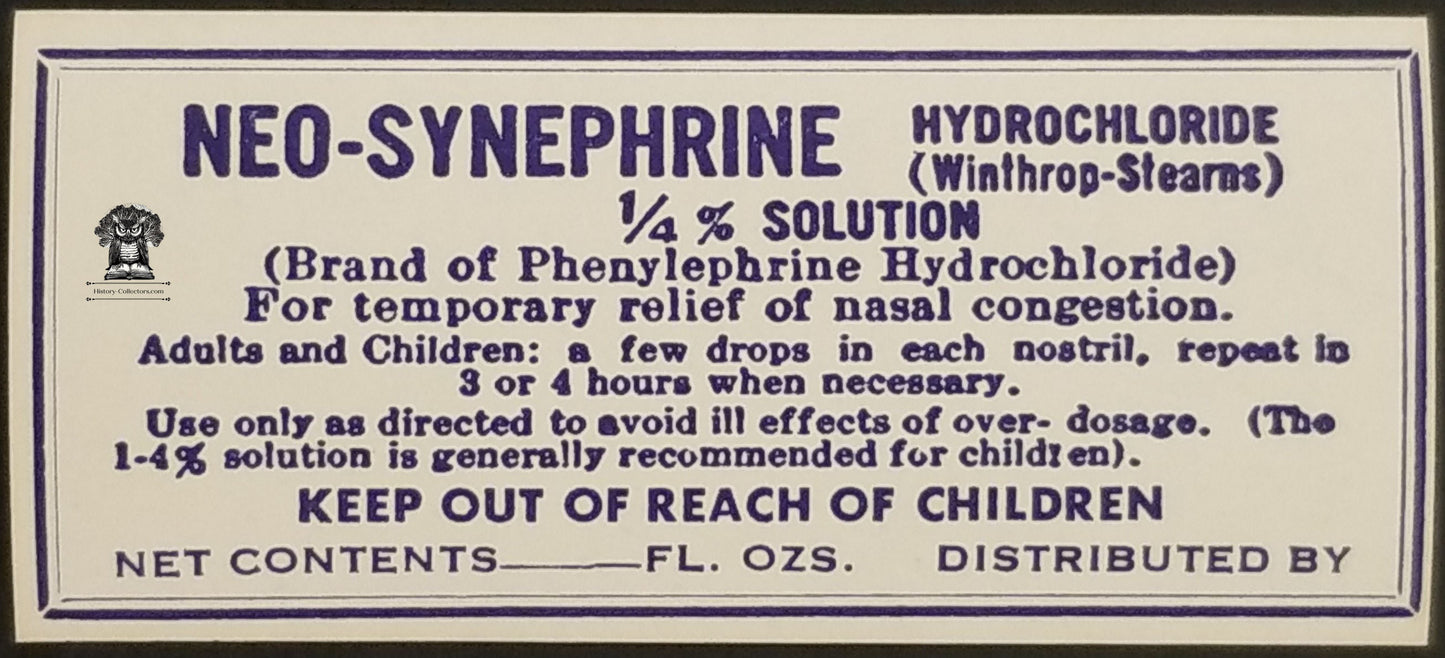 Neo-Synephrine Hydrochloride Glass Bottle Pharmacy Label - Apothecary Medicinal
