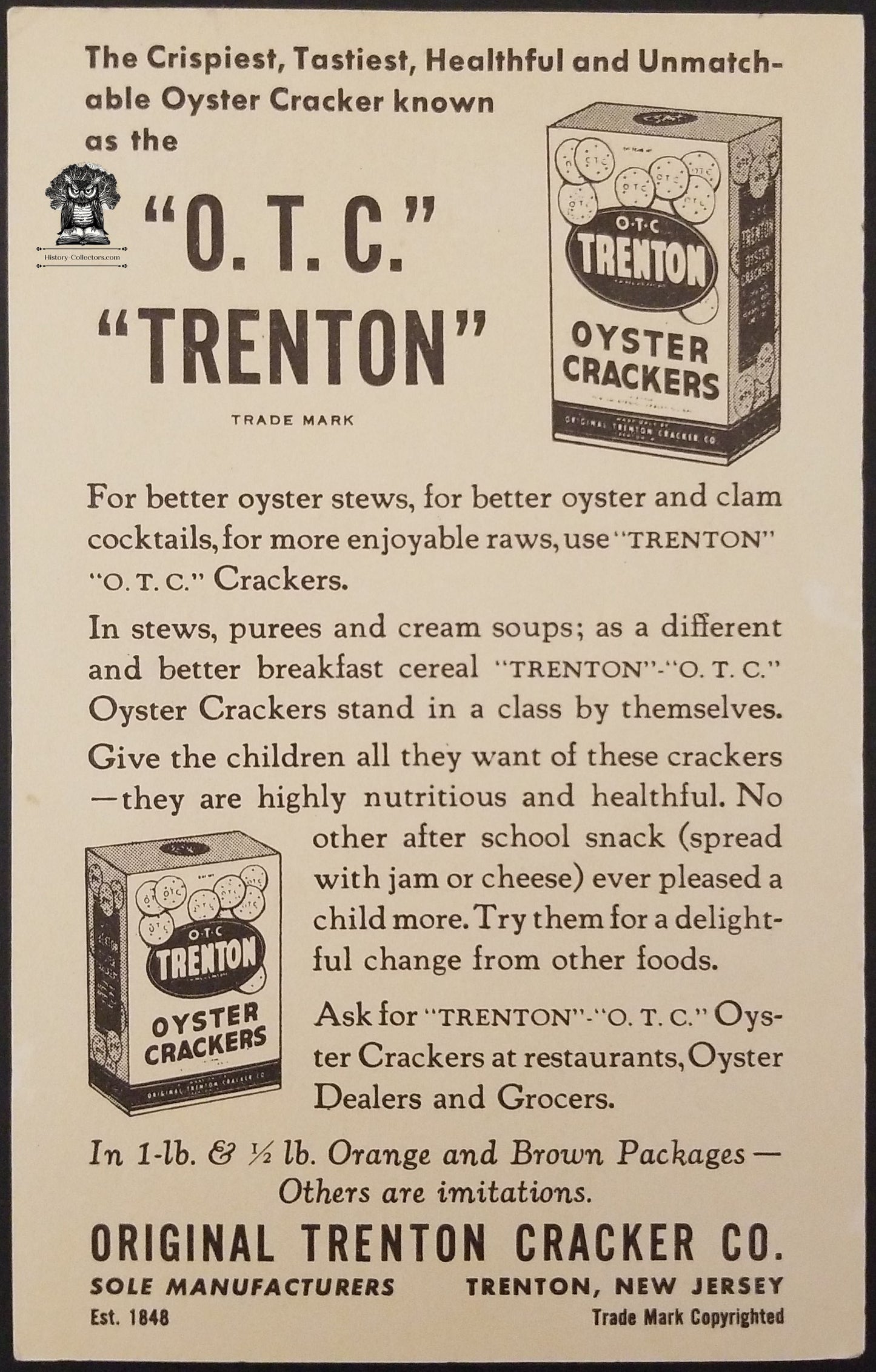 O.T.C. Oyster Crackers Advertising Trade Card - Trenton New Jersey - Children Holly Radio - Grace Dayton?