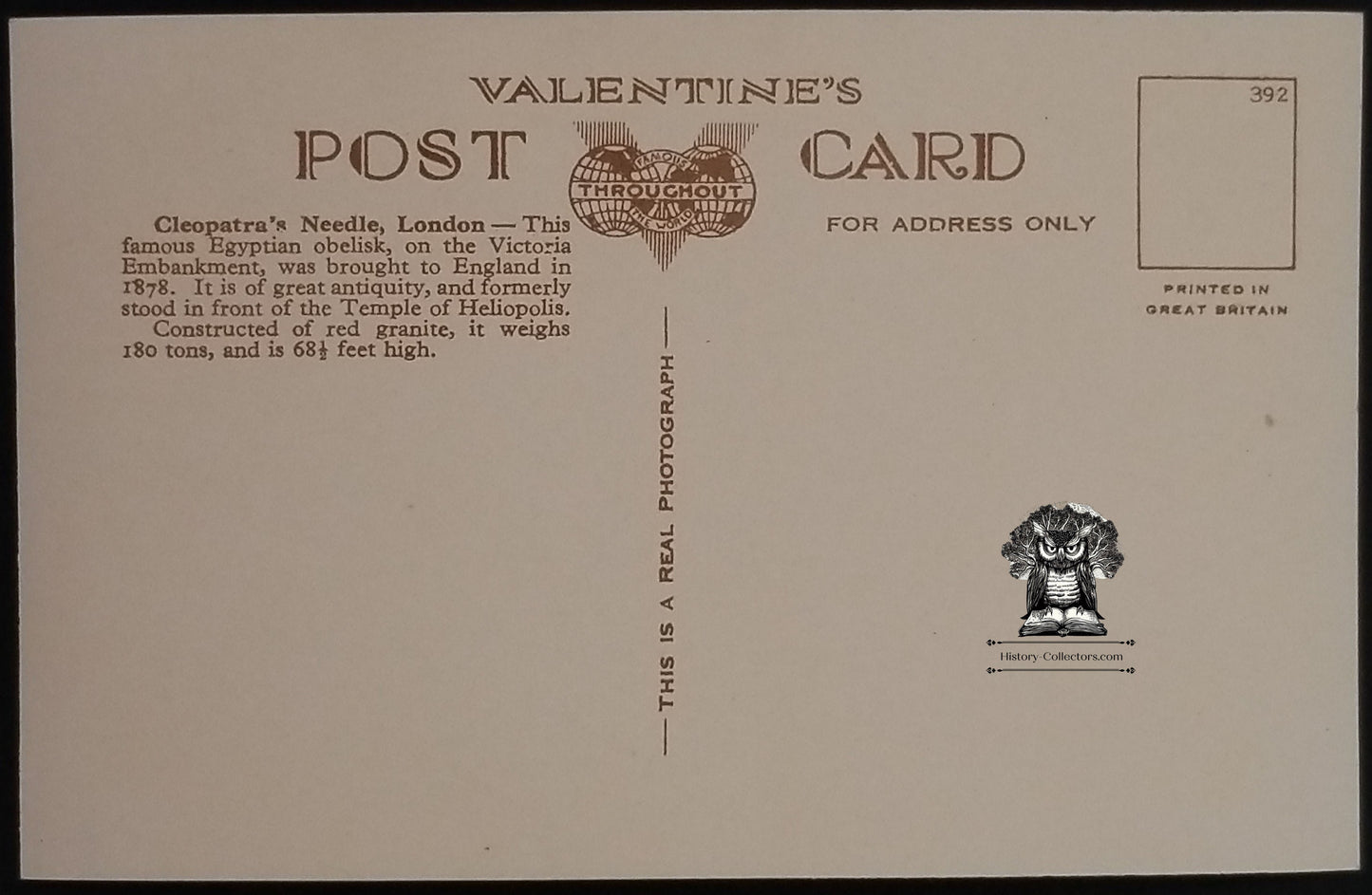 RPPC Picture Postcard - Egyptian Cleopatra's Needle London England - Valentine's Great Brittan