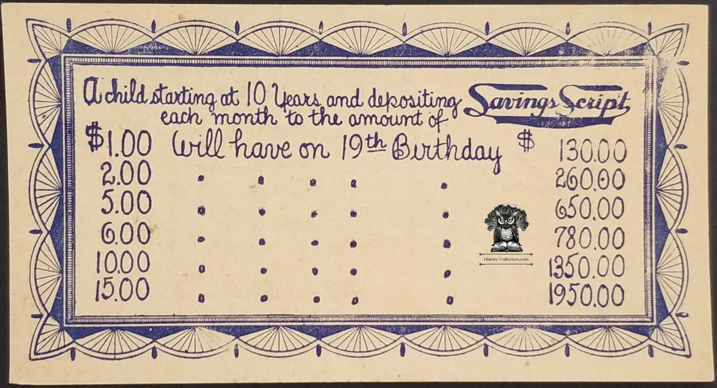 Savings Script 5/8 Cent Certificate National Children's Savings Assoc Moline IL