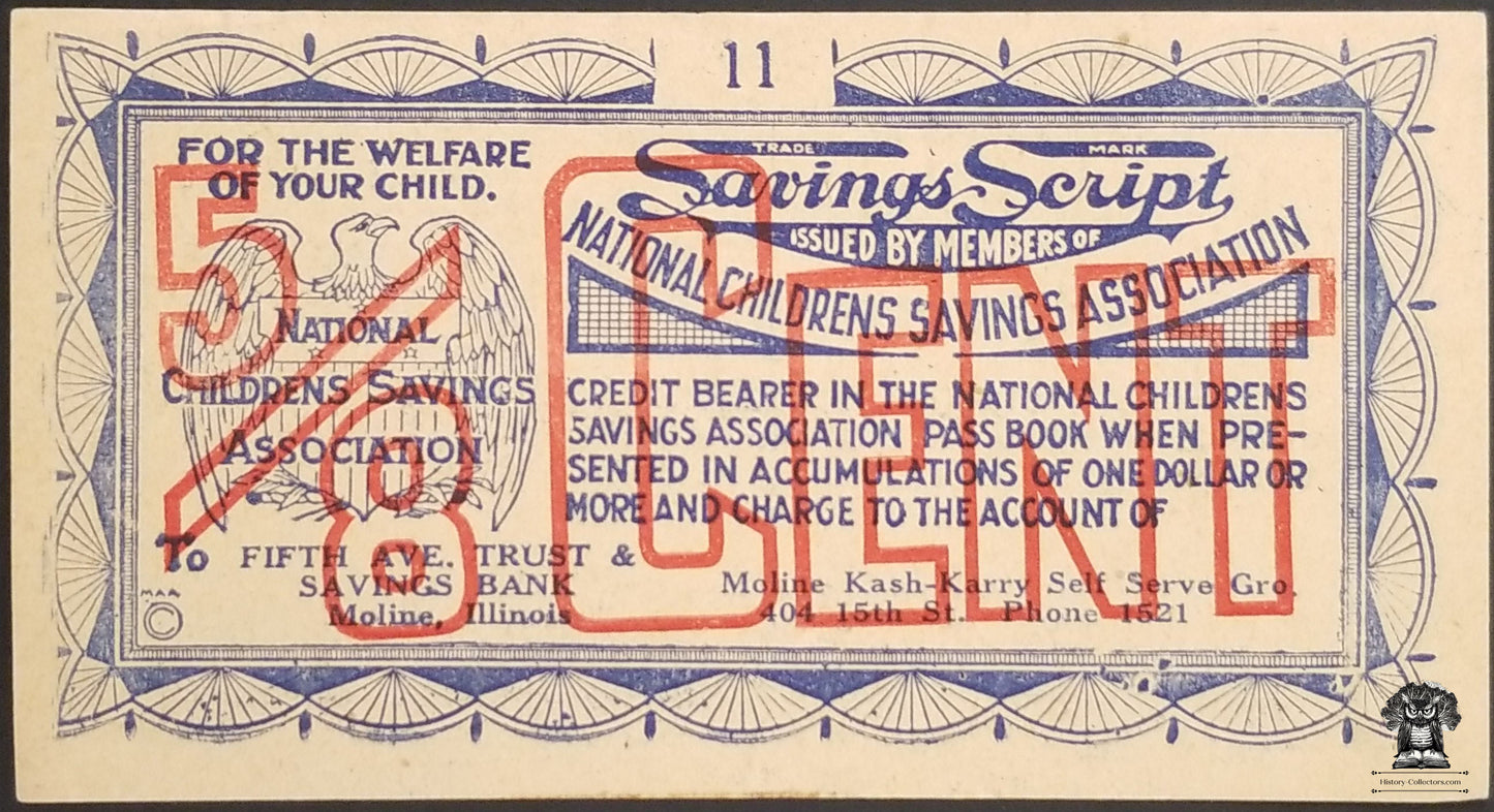 Savings Script 5/8 Cent Certificate National Children's Savings Assoc Moline IL
