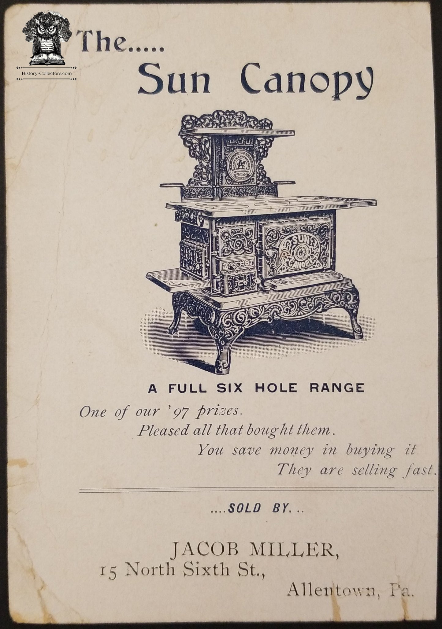 Sun Canopy Wood Stove Oven Range Advertising Trade Card - Jacob Miller North Sixth St Allentown PA