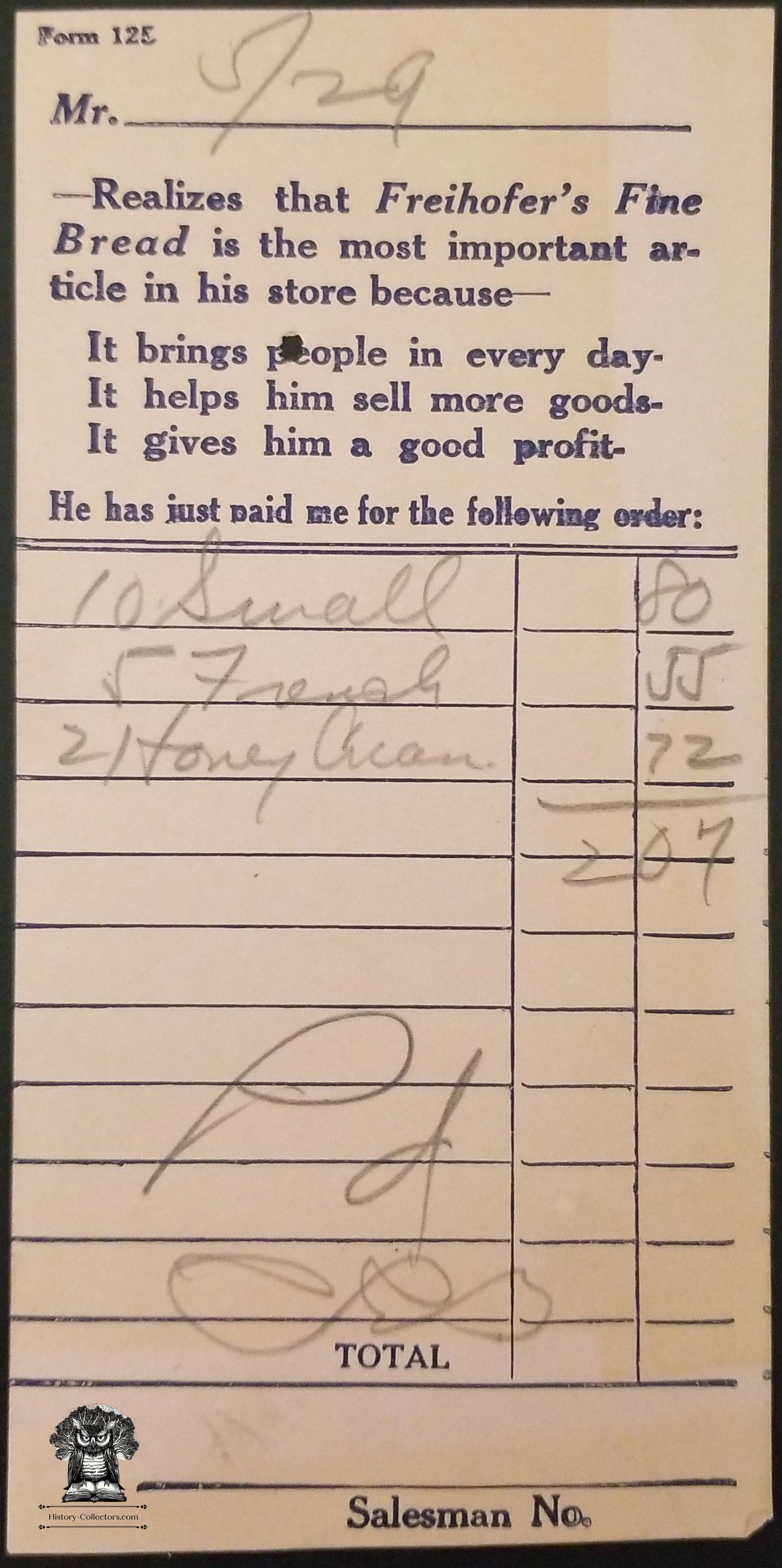 Freihofer's Fine Bread Sales Order Receipt - Salesman Ephemera Paper
