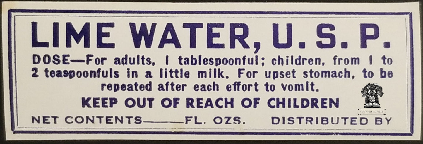 Vintage Lime Water U.S.P. Glass Bottle Pharmacy Label - Apothecary Medicinal