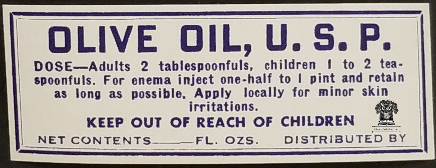 Vintage Olive Oil U.S.P. Glass Bottle Pharmacy Label - Apothecary Medicinal