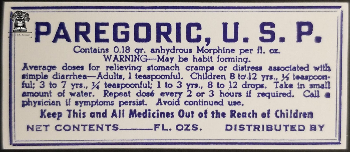 Vintage Paregoric Glass Bottle Pharmacy Label - Liquid Opium Morphine Apothecary
