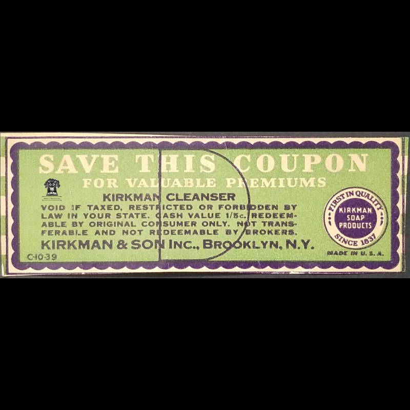 Vintage Pre 1928 Kirkman Cleanser Loyalty Reward Saving Free Premium Coupon - Paper Package Cut-Out - Brooklyn NY - Series D - Blank Back - Marketing Strategy