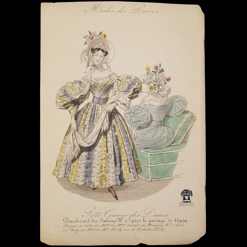 c1830s Fashions Of Paris Plate Print - Petit Courrier des Dames Fashion Publication Advertisement Illustration - Italian Boulevard No. 2, Near The Passage Of The Opera - Modes de Paris - Little Ladies' Messenger - Hand Colored