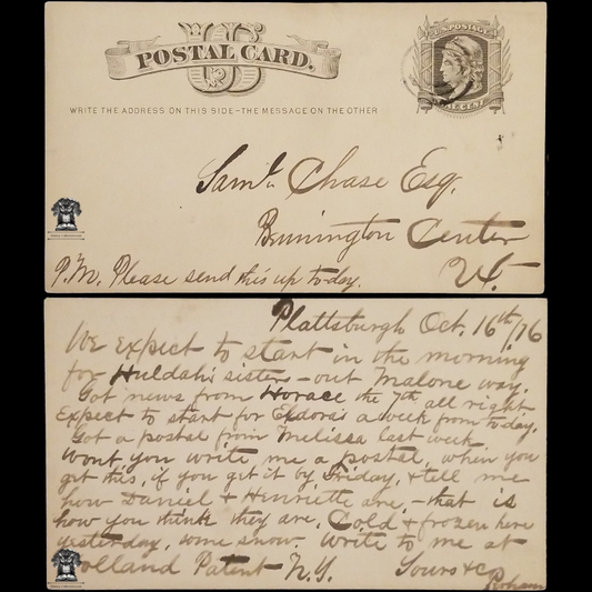 c1875 Personal Postal Card - Chase Esquire - Bennington Center Vermont - Plattsburgh Clinton County New York - One Cent Black Liberty Head Scott UX4 UX5 - Fancy Hand Postal Cancel - October 16 - Postcard