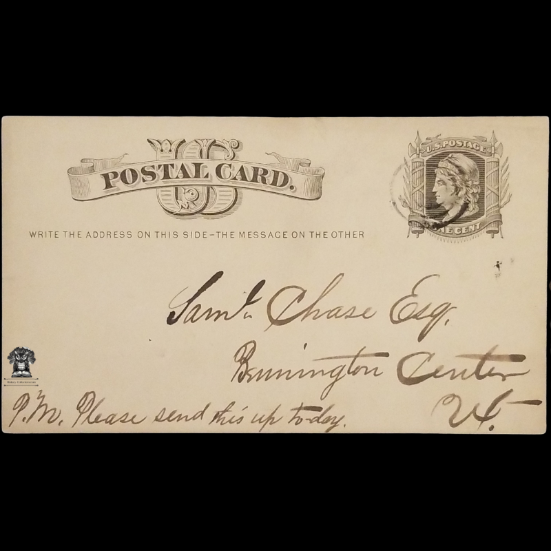 c1875 Personal Postal Card - Chase Esquire - Bennington Center Vermont - Plattsburgh Clinton County New York - One Cent Black Liberty Head Scott UX4 UX5 - Fancy Hand Postal Cancel - October 16 - Postcard