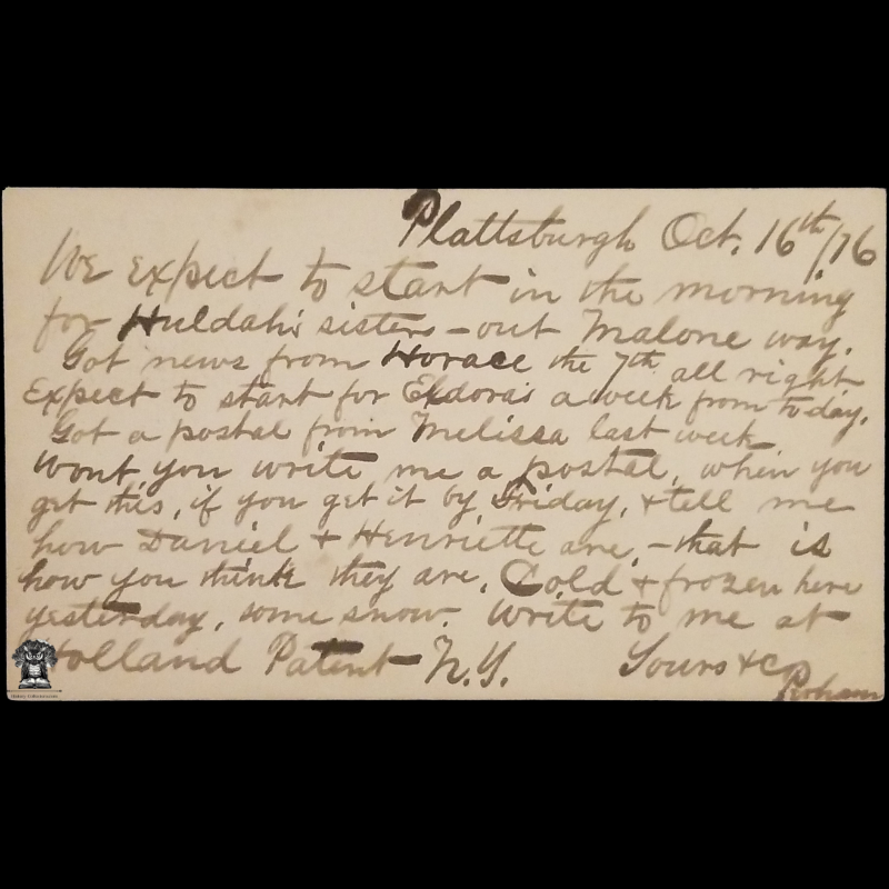 c1875 Personal Postal Card - Chase Esquire - Bennington Center Vermont - Plattsburgh Clinton County New York - One Cent Black Liberty Head Scott UX4 UX5 - Fancy Hand Postal Cancel - October 16 - Postcard
