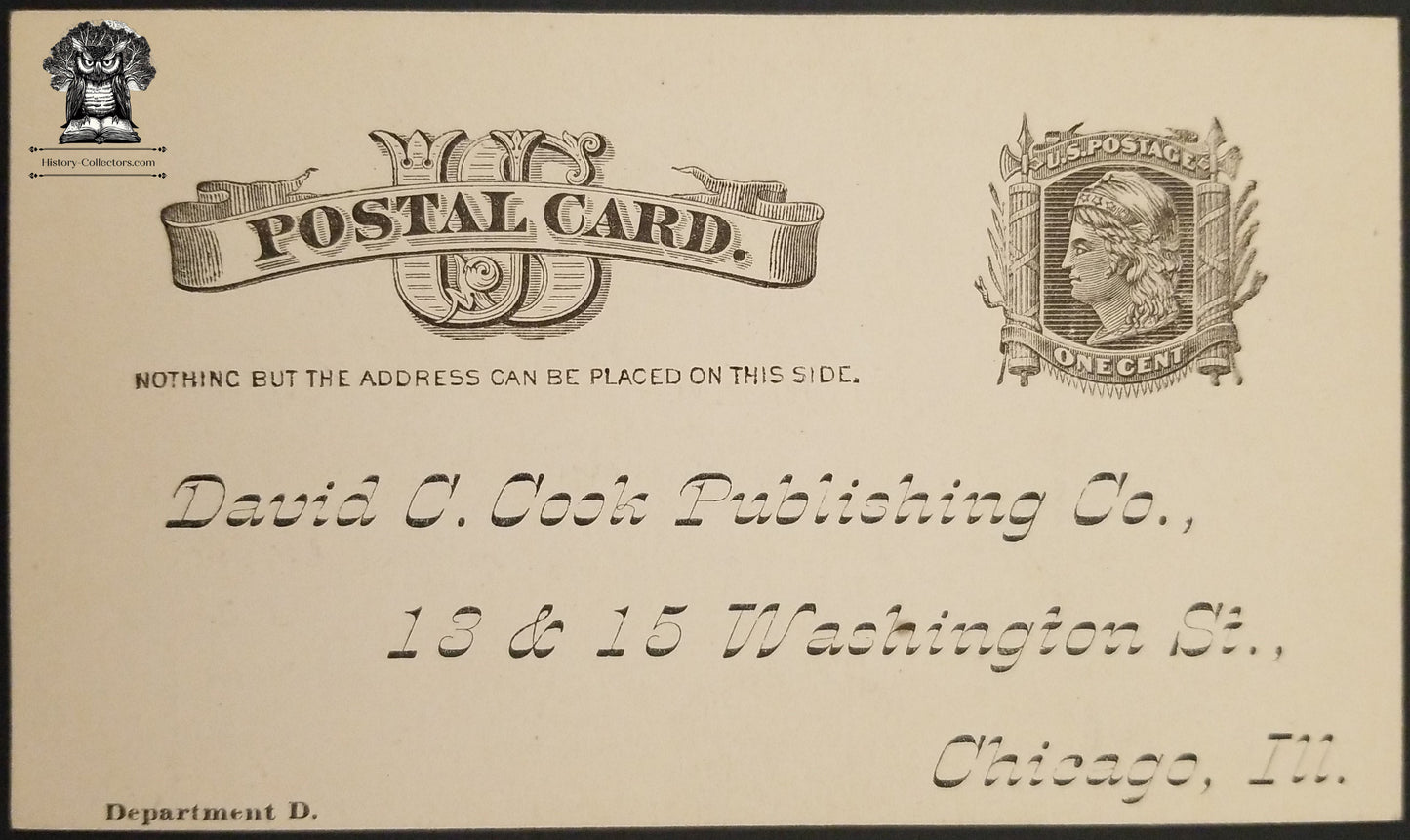 c1880s David C Cook Publishing Co Sunday School Advertising Postcard - 13 15 Washington St Chicago IL - One Cent Liberty Postal Card - Scott UX7