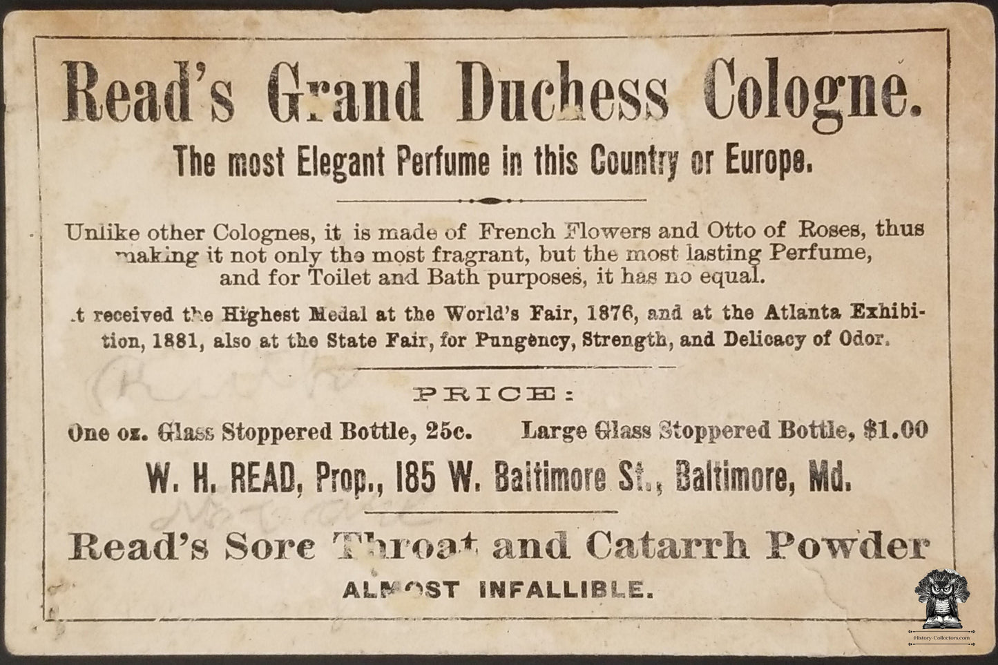 c1880s Read's Grand Duchess Cologne Advertising Trade Card - Baltimore MD