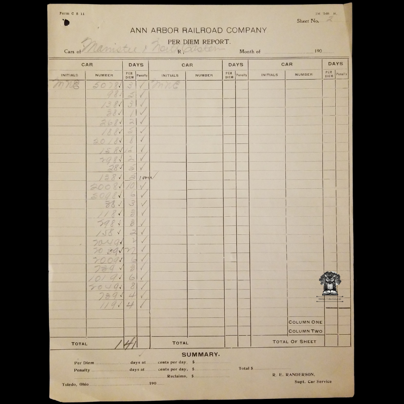 c1900 Ann Arbor Railroad Company Per Diem Report Form - Railroad Cars For Manistee & North Eastern (M&NE) - Toledo Ohio - Randerson Superintendent Of Car Service