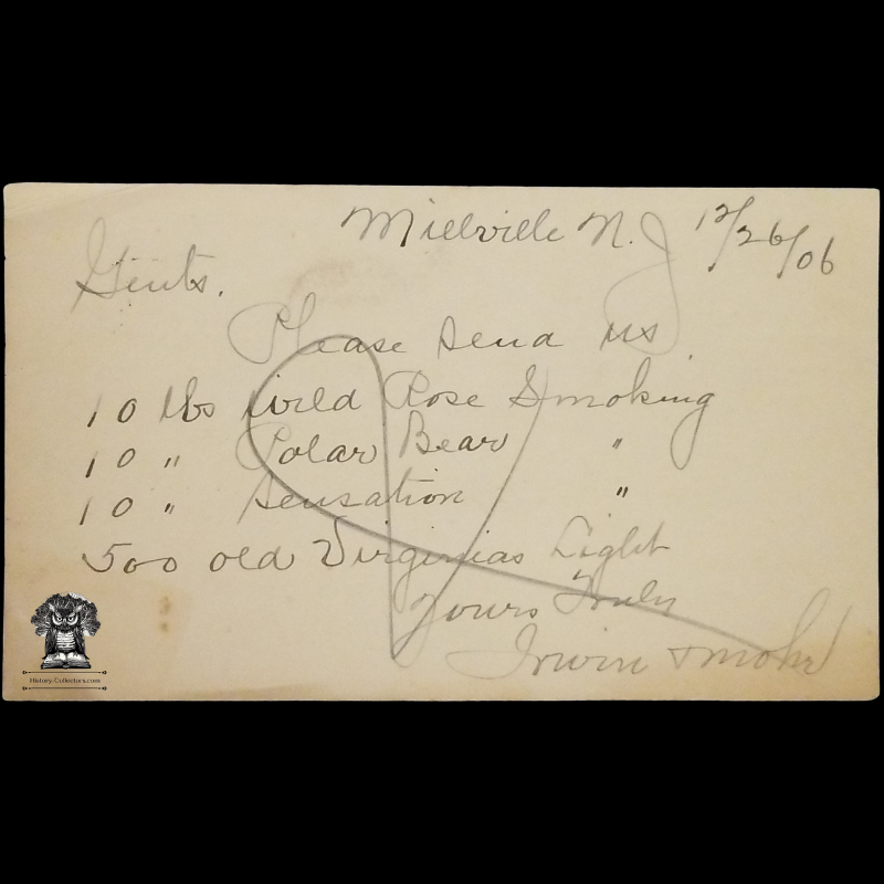 c1906 AB Cunningham Tobacco Co Personal Order Form Postal Card - 236 Market Street - Philadelphia PA - One Cent McKinley Scott UX18 - Postal Cancel Millville NJ - December 26 - Postcard