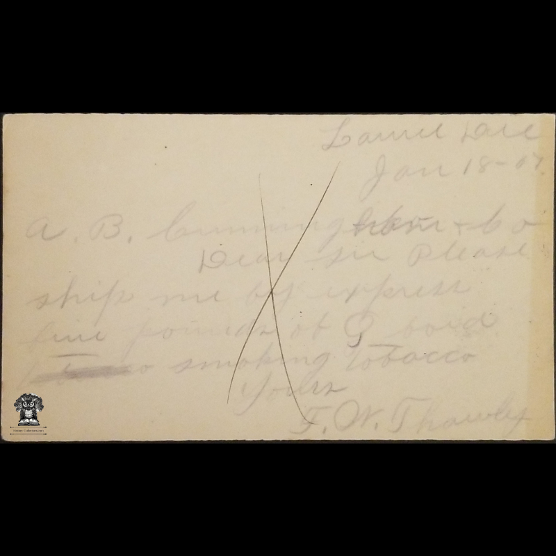 c1907 AB Cunningham Tobacco Co Personal Order Form Postal Card - 236 Market Street - Philadelphia PA - One Cent McKinley Scott UX18 - Postal Cancel Laurel DE - January 18 - Postcard
