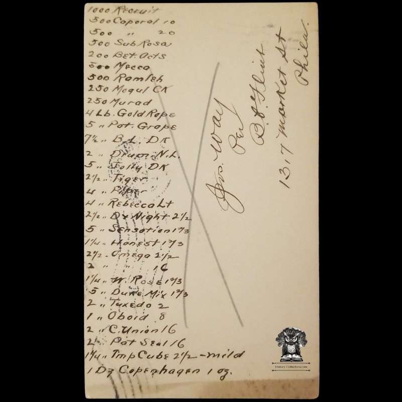 c1907 AB Cunningham Tobacco Co Personal Order Form Postal Card - 236 Market Street - Postal Cancel Philadelphia PA - One Cent McKinley Scott UX18 - Postal Cancel - Postcard