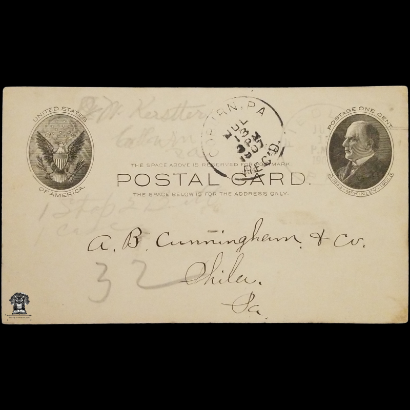 c1907 AB Cunningham Tobacco Co Personal Order Form Postal Card - 236 Market Street - Philadelphia PA - One Cent McKinley Scott UX18 - Postal Cancel Laurel DE - Fiedler PA - January 18 - Postcard