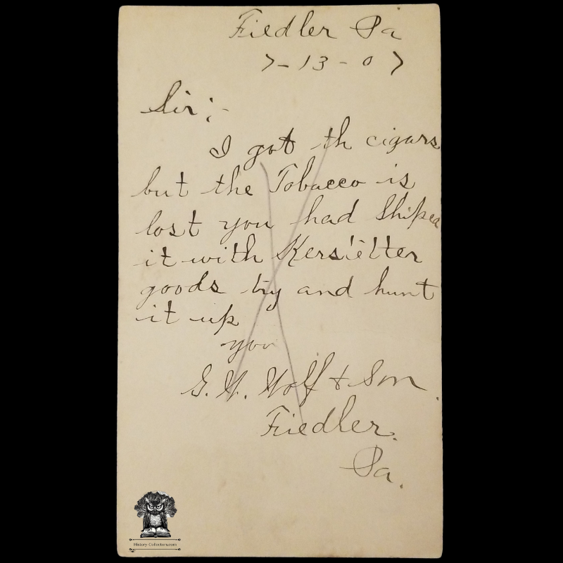 c1907 AB Cunningham Tobacco Co Personal Order Form Postal Card - 236 Market Street - Philadelphia PA - One Cent McKinley Scott UX18 - Postal Cancel Laurel DE - Fiedler PA - January 18 - Postcard