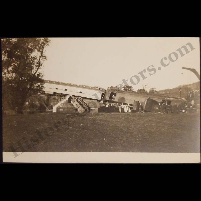 c1907 Chicago Milwaukee & St. Paul Railway Bridge Track Failure Wreck RPPC Real Photo Postcard - Clerestory-Roof Passenger Coach Cars - Baggage Car - NOKO Stamp Box - Progressive Era
