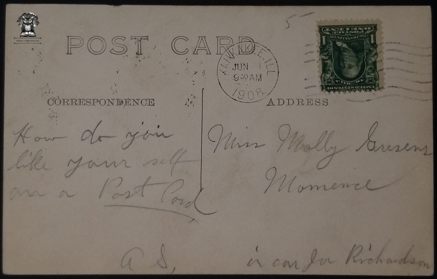 c1908 RPPC Picture Postcard - Edwardian Fashion Outdoors Photo - Postal Cancel Kankakee Illinois