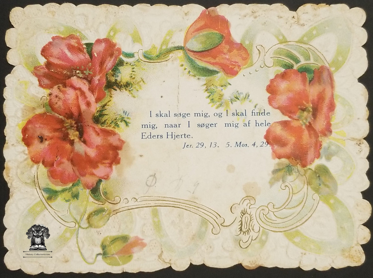 c1910 Floral Lace Danish Graphic Bible Card - Jeremiah 29:13 Seek Me Find Me