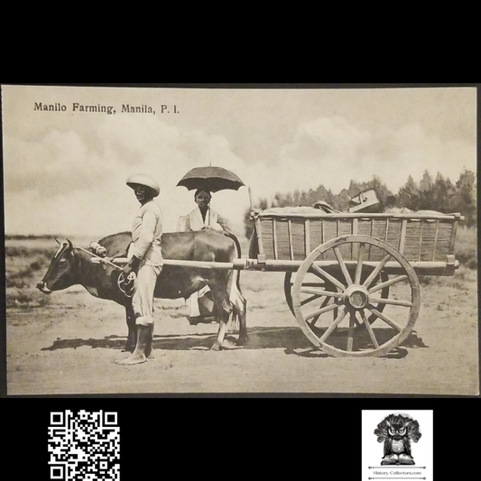 c1910 Manilo Farming Manila Philippine Islands Postcard - J. Beck Photographer - American Colonial Period - Carabao-Drawn Wooden Cart Loaded With Crops