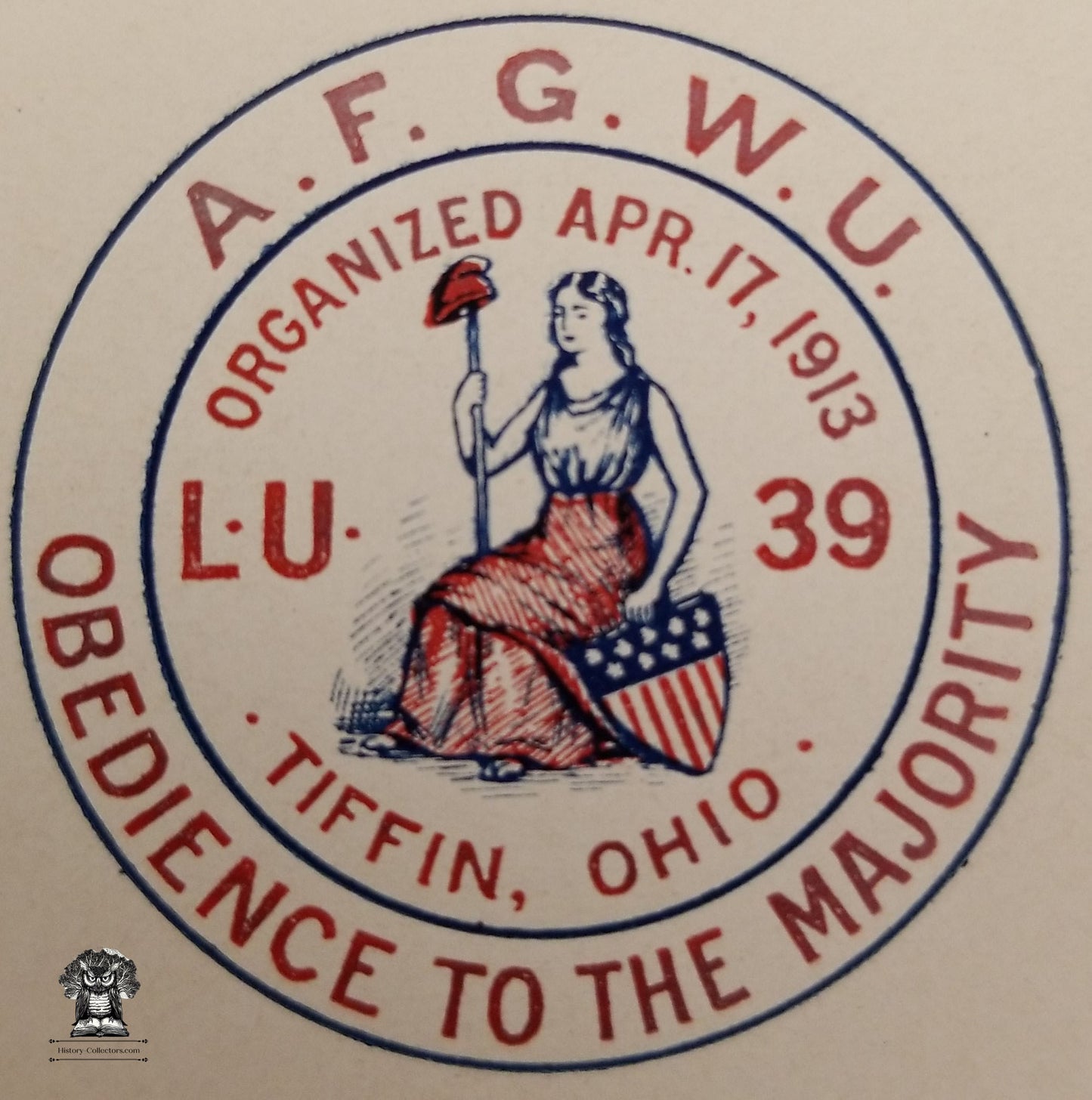 c1913 Celluloid Pinback Proof Die Cut - American Flint Glass Workers Union Tiffin Ohio