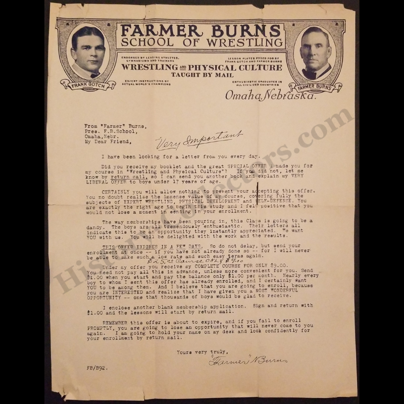 c1915 Farmer Burns School Of Wrestling And Physical Culture Promotional Letter - Omaha Nebraska - Farmer Burns - Frank Gotch - WWI Era - Ready For Framing