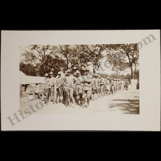 c1916 U.S. Army Soldiers Standing In Casual Formation RPPC Real Photo Postcard - Unidentified - SOLIO Stamp Box - WWI Era