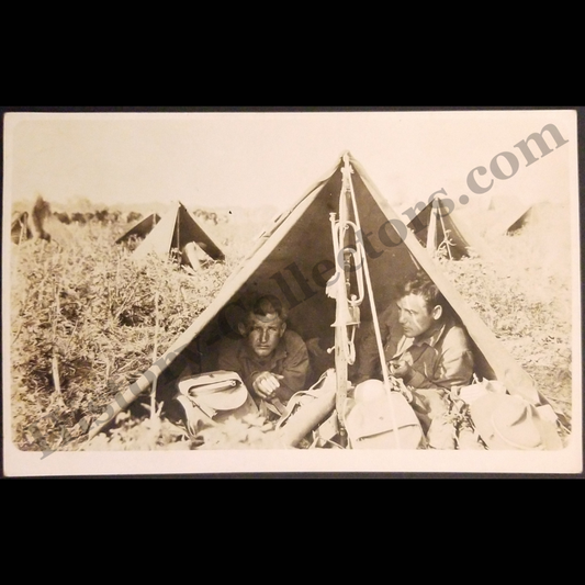 c1917 U.S. Army Soldiers Inside Pup Tent RPPC Real Photo Postcard - Field Encampment - Unidentified - AZO Stamp Box - WWI Era