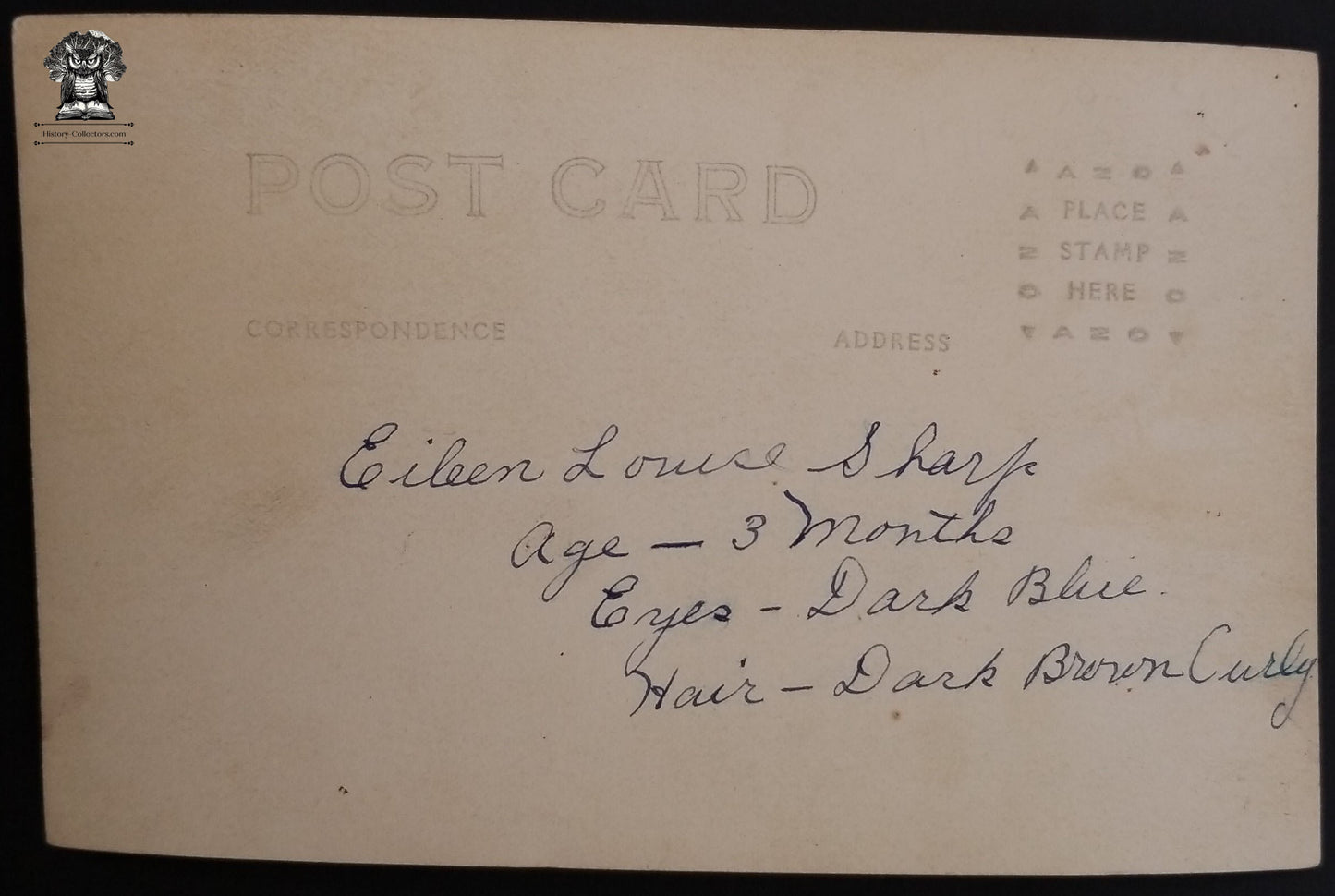c1918 RPPC Picture Postcard - Eileen Louise Sharpe Age 3 - Girl Toddler Portrait Fashion White Dress - AZO Stamp Box
