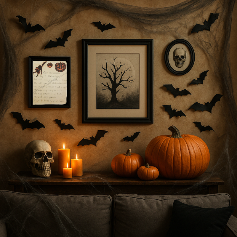 c1920 Halloween Poem Children's Handmade Classroom Folk Art - Jack-O’-Lantern - Black Cat - Progressive Roaring Twenties Era - Ready For Framing