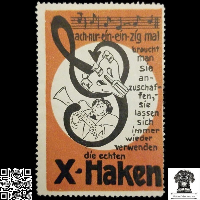 c1920 X-Hooks Reusable Musical Fastening Device Advertising Cinderella Poster Stamp - Germany