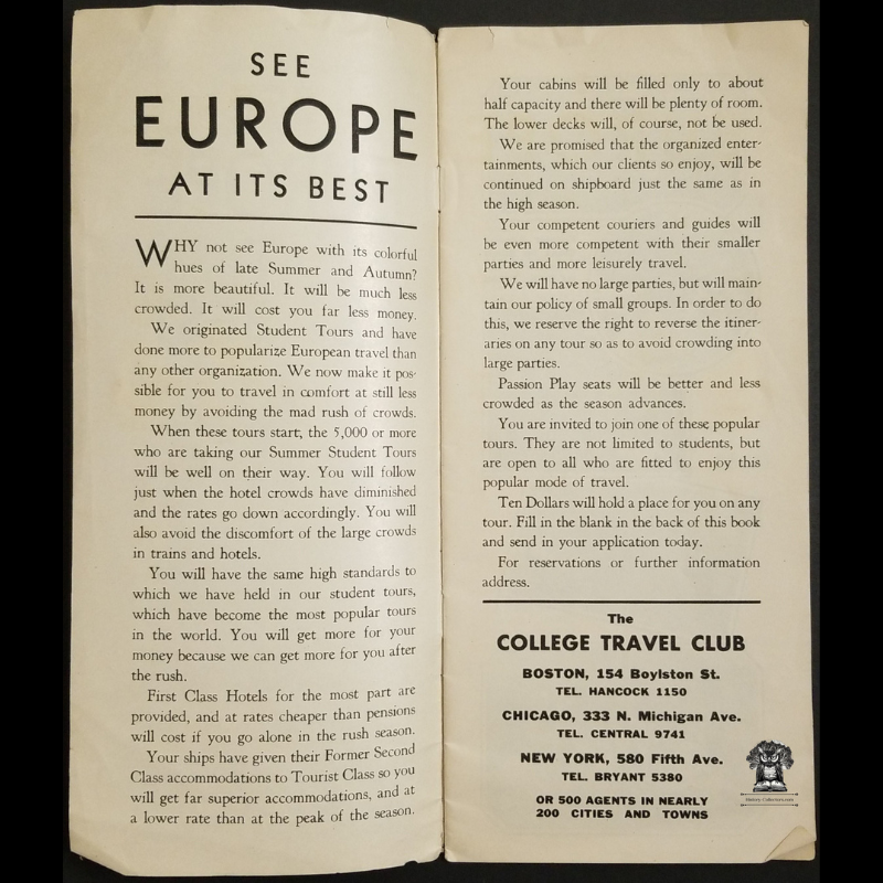 c1920s College Travel Club Europe Tourism Advertising Brochure - Steamship Train Rail Travel - 154 Boylston St Boston MA