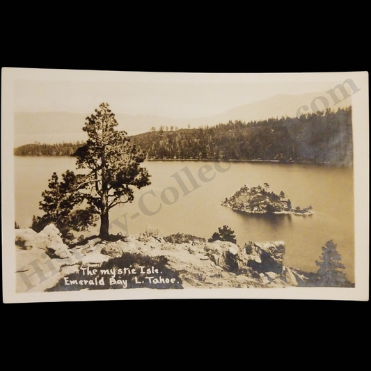 c1925 Fannette Island Emerald Bay Lake Tahoe California RPPC Real Photo Postcard - Mystic Island - Stone Tea House Ruins - DOPS Stamp Box - Roaring Twenties Era