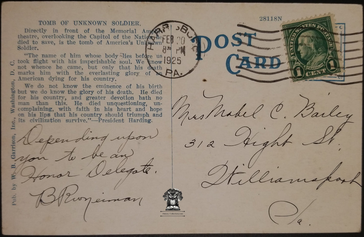 c1925 Tomb of Unknown Soldier Postcard Arlington VA - Harrisburg PA Postal Cancel - Honor Delegate Request