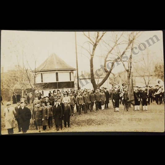 c1926 Armistice Day Community Commemorative Patriotic Gathering RPPC Real Photo Postcard - Post WWI - Unidentified Location - AZO Stamp Box - Roaring Twenties Era