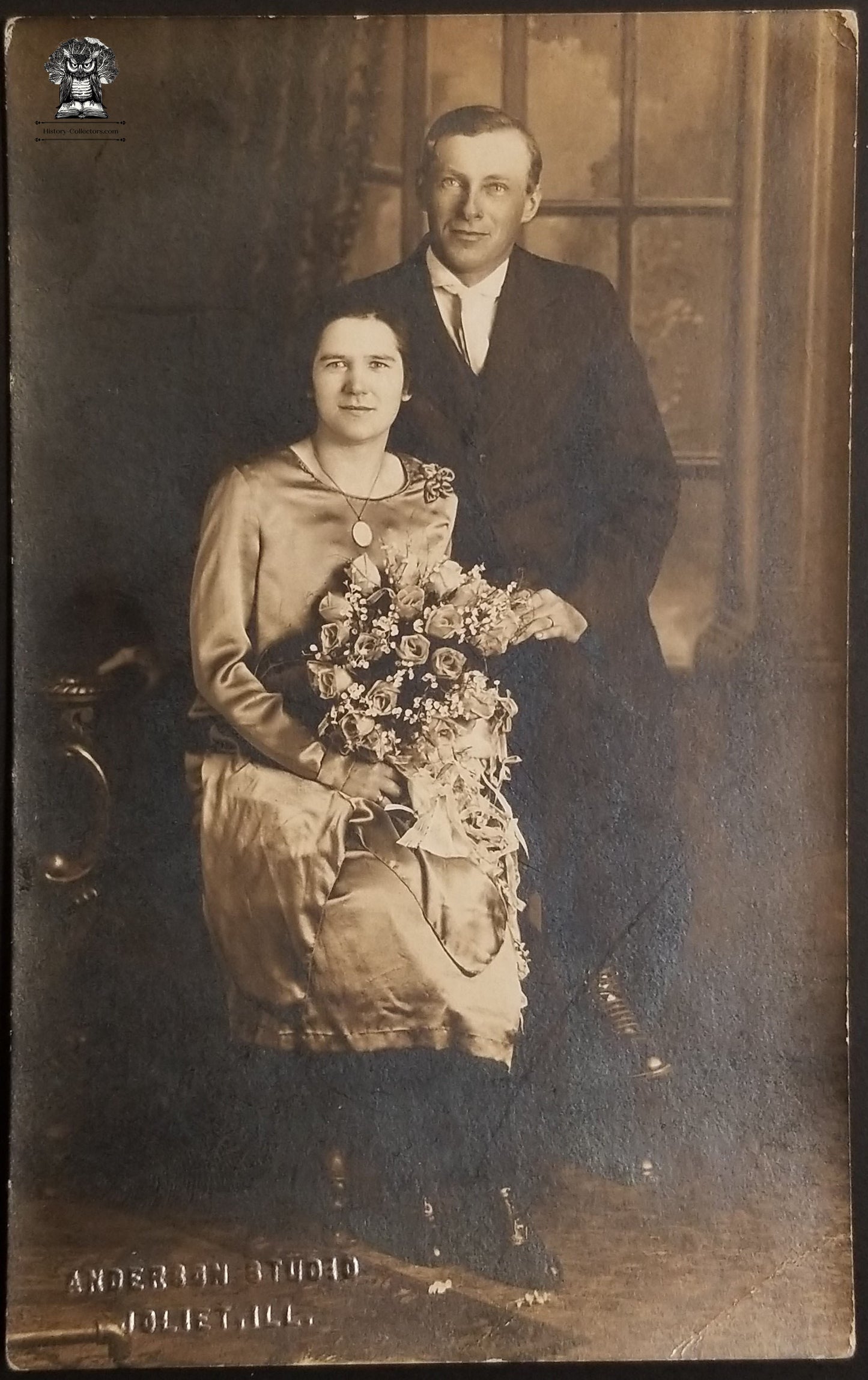 c1926 RPPC Picture Postcard - Adult Couple Rose Bouquet Anderson Studio - Anderson Studios Joliet Illinois