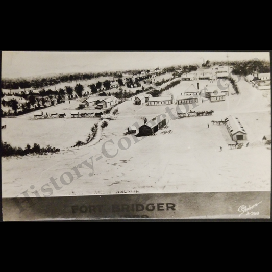 c1930 1889 Fort Bridger Wyoming Illustration RPPC Real Photo Postcard - Sanborn X-968 - EKC (Eastman Kodak Company) Stamp Box - Great Depression Era