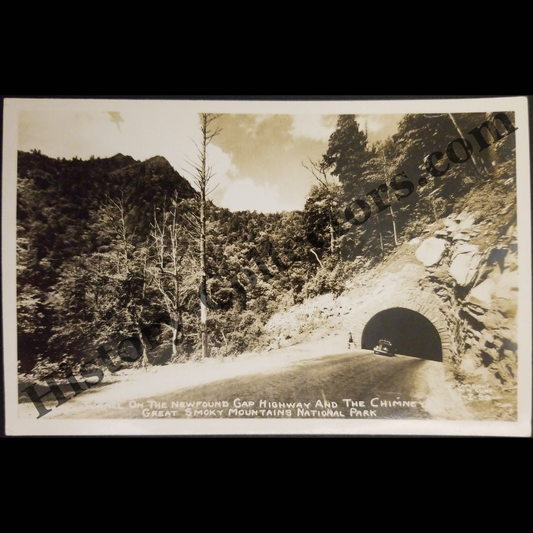 c1935 Newfound Gap Highway The Chimney Great Smoky Mountains RPPC Real Photo Postcard - Ford Model 48 Sedan - W. M. Cline Company Chattanooga Tennessee – North Carolina - EKC Stamp Box - Great Depression Era