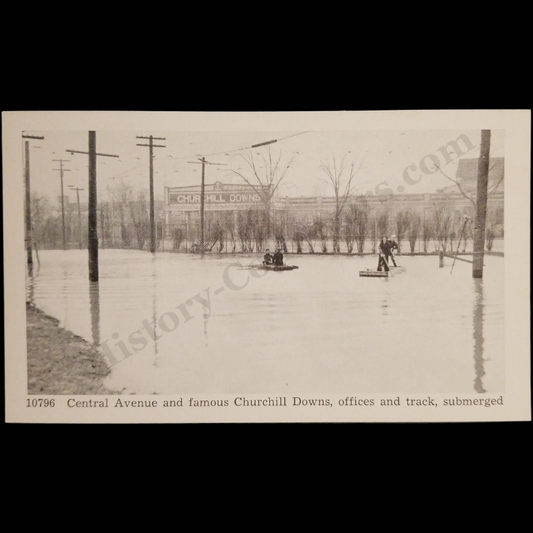 c1937 Louisville Kentucky Flood Lithograph Postcard (Not RPPC) - Central Avenue - Churchill Downs - Julian R. Fisher - Unattributed Photograph - Great Depression Era
