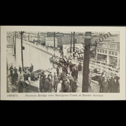 c1937 Louisville Kentucky Flood Postcard (Not RPPC) - Julian R. Fisher - Pontoon Bridge - Beargrass Creek - Baxter Avenue - Caufield & Shook Photograph