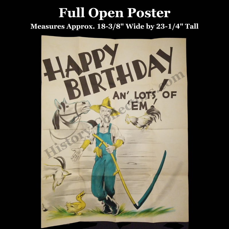 c1940 Happy Birthday Fold Out Illustrated Poster Card - Rural Farming - Animals - Black Americana - Ready For Framing